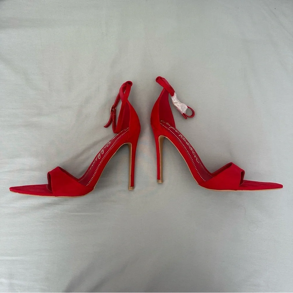 Cape Robbin Red Ankle-Strap Suede Heel Sandals
